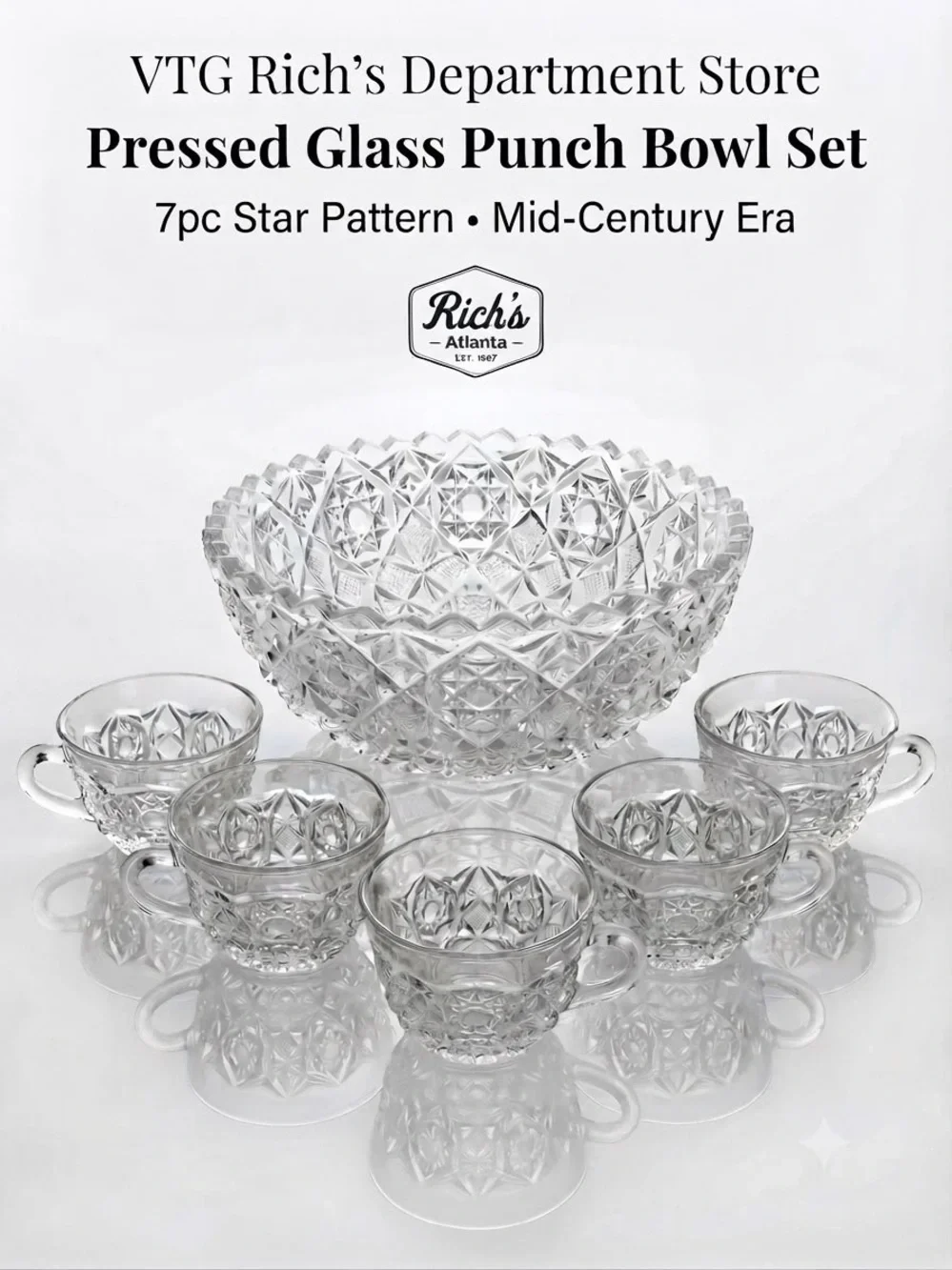 Rich's Department Store Pressed Glass Punch Bowl Set 7pc Star Pattern Clear